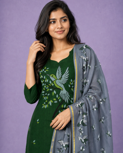 Premium Cotton Kurti Set with Bird Printed Design in Forest Green | Gopuram Neck Design