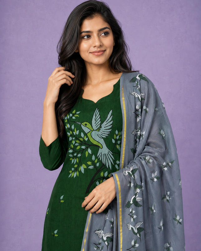 Premium Cotton Kurti Set with Bird Printed Design in Forest Green | Gopuram Neck Design