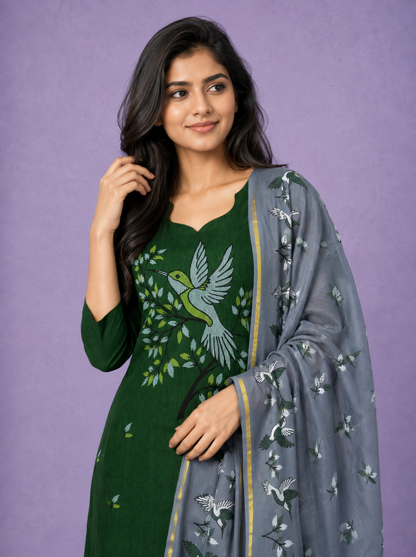 Premium Cotton Kurti Set with Bird Printed Design in Forest Green | Gopuram Neck Design