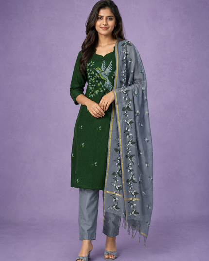 Premium Cotton Kurti Set with Bird Printed Design in Forest Green | Gopuram Neck Design