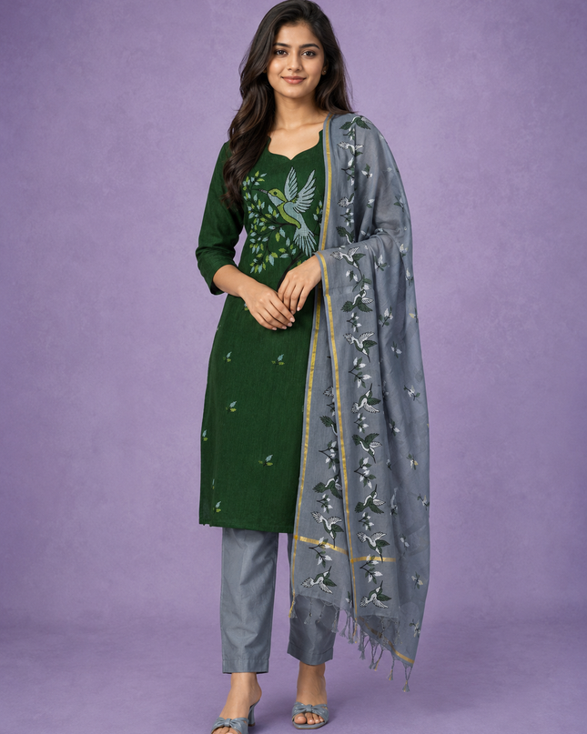 Premium Cotton Kurti Set with Bird Printed Design in Forest Green | Gopuram Neck Design