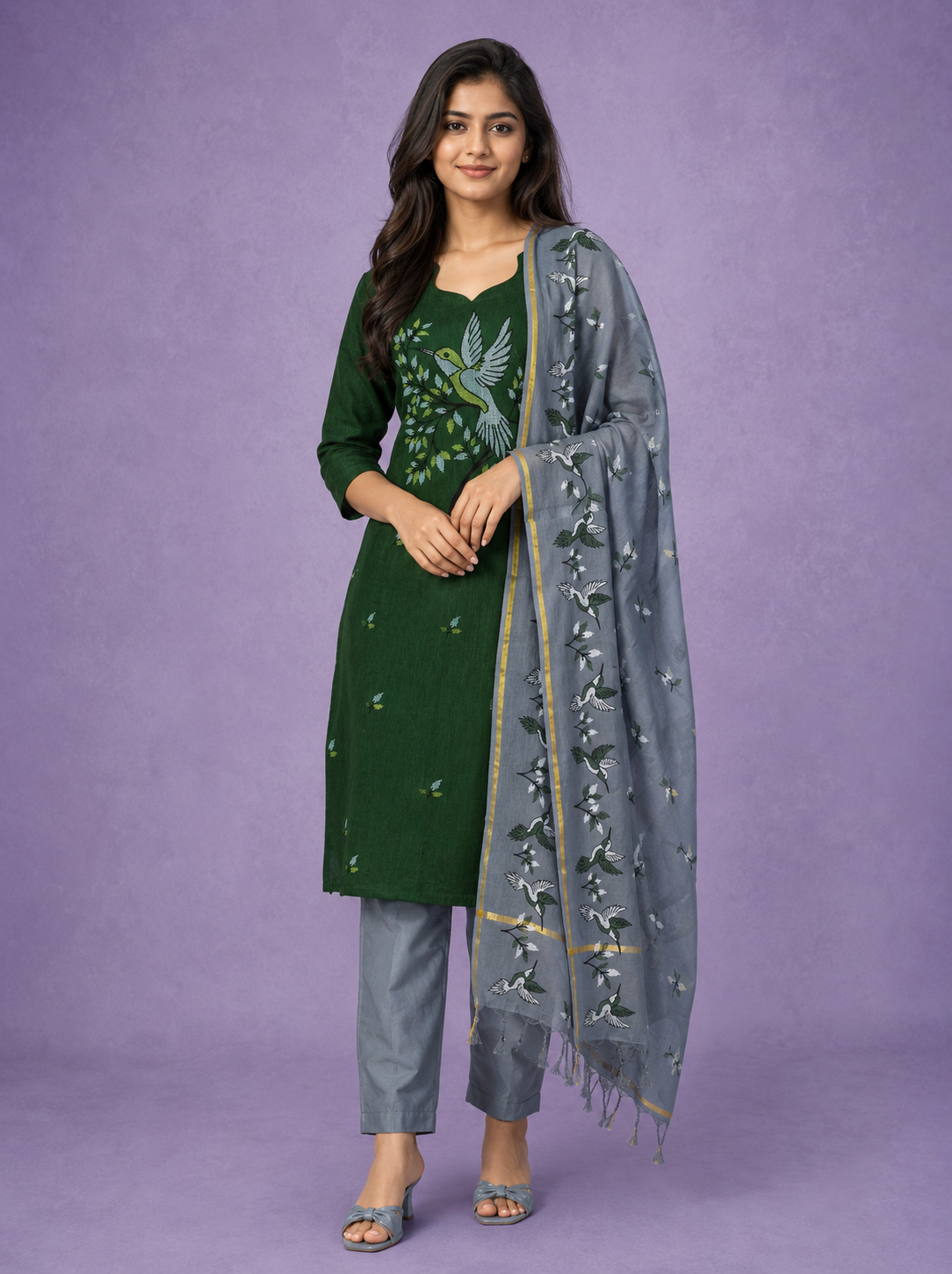 Premium Cotton Kurti Set with Bird Printed Design in Forest Green | Gopuram Neck Design