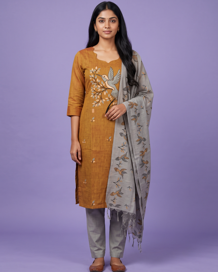 Premium Cotton Kurti Set with Bird Printed Design in Mustard Yellow | Gopuram Neck Design