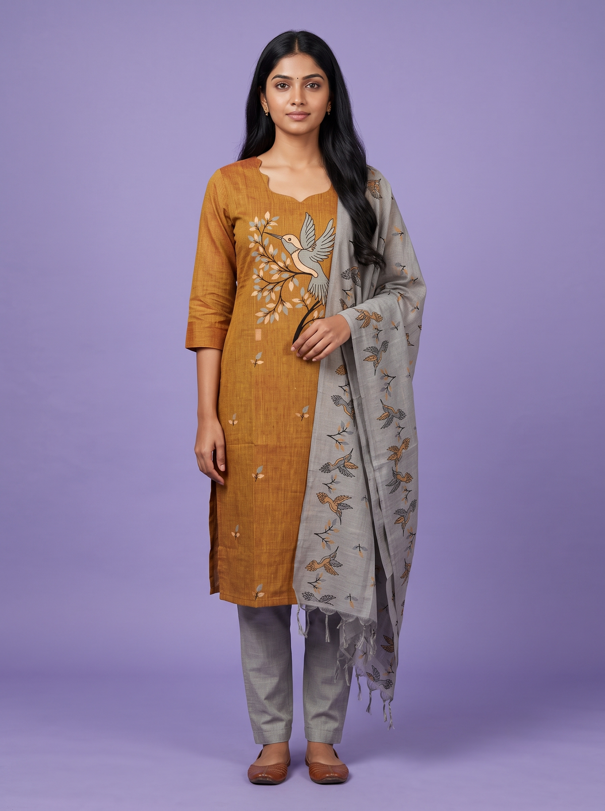 Premium Cotton Kurti Set with Bird Printed Design in Mustard Yellow | Gopuram Neck Design