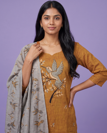 Premium Cotton Kurti Set with Bird Printed Design in Mustard Yellow | Gopuram Neck Design