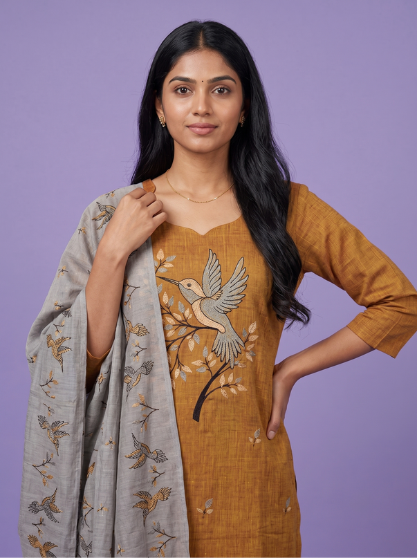 Premium Cotton Kurti Set with Bird Printed Design in Mustard Yellow | Gopuram Neck Design