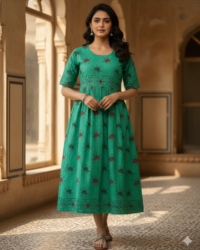 Floral Printed Cotton Frock for Women – Emrold Green Dress | Bhavana Handlooms