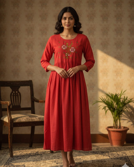Cotton Plain Long Frock with Lava Red Colour