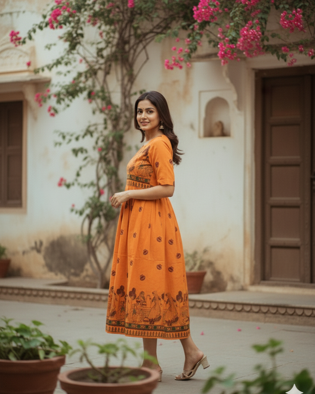 Gollabama Printed Cotton Frock for Women – Orange Ethnic Dress | Bhavana Handlooms