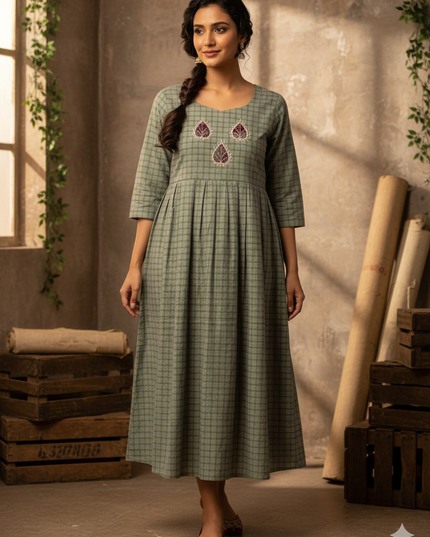 Gray Checks Cotton Frock for Women – Casual Wear | Bhavana Handlooms