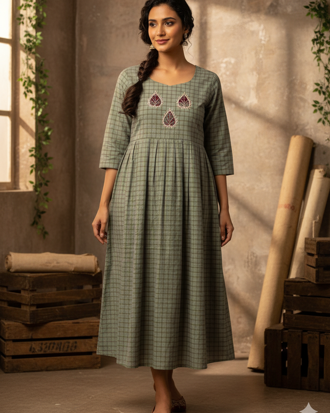 Gray Checks Cotton Frock for Women – Casual Wear | Bhavana Handlooms