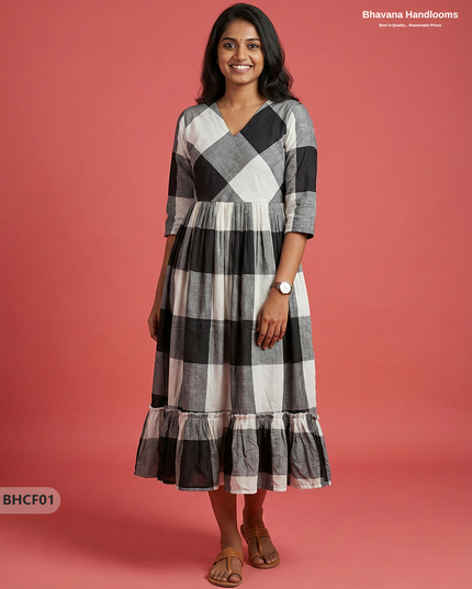 Premium Black & White Checkered Cotton Frock with Full Length Lining