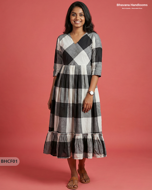 Premium Black & White Checkered Cotton Frock with Full Length Lining