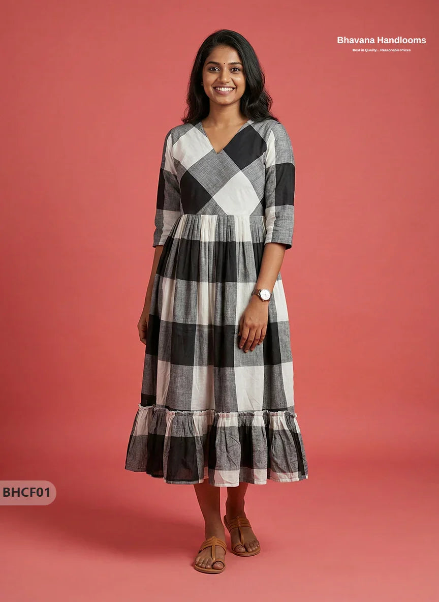 Premium Black & White Checkered Cotton Frock with Full Length Lining