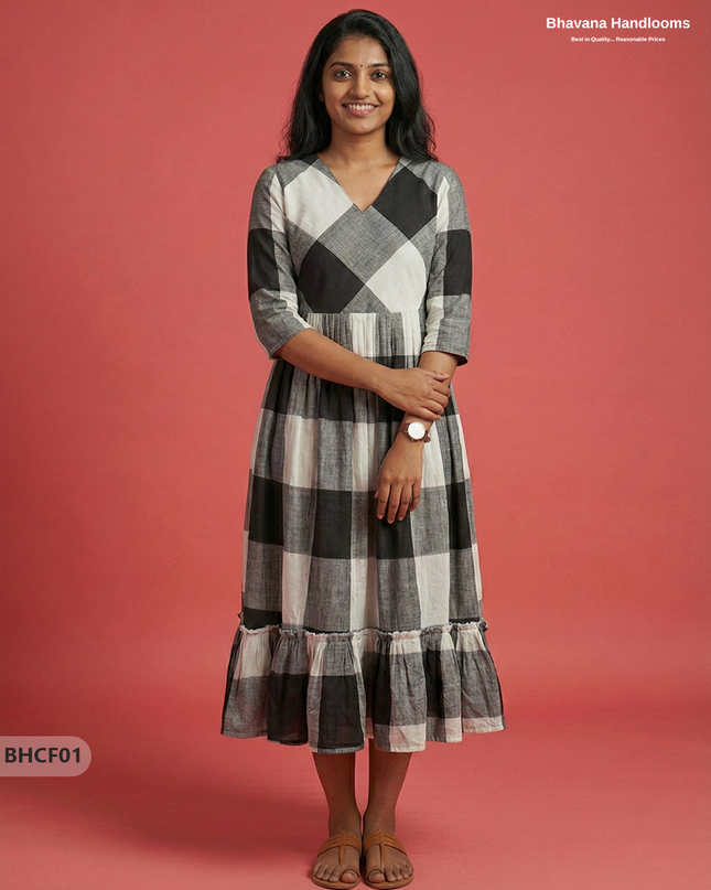Premium Black & White Checkered Cotton Frock with Full Length Lining