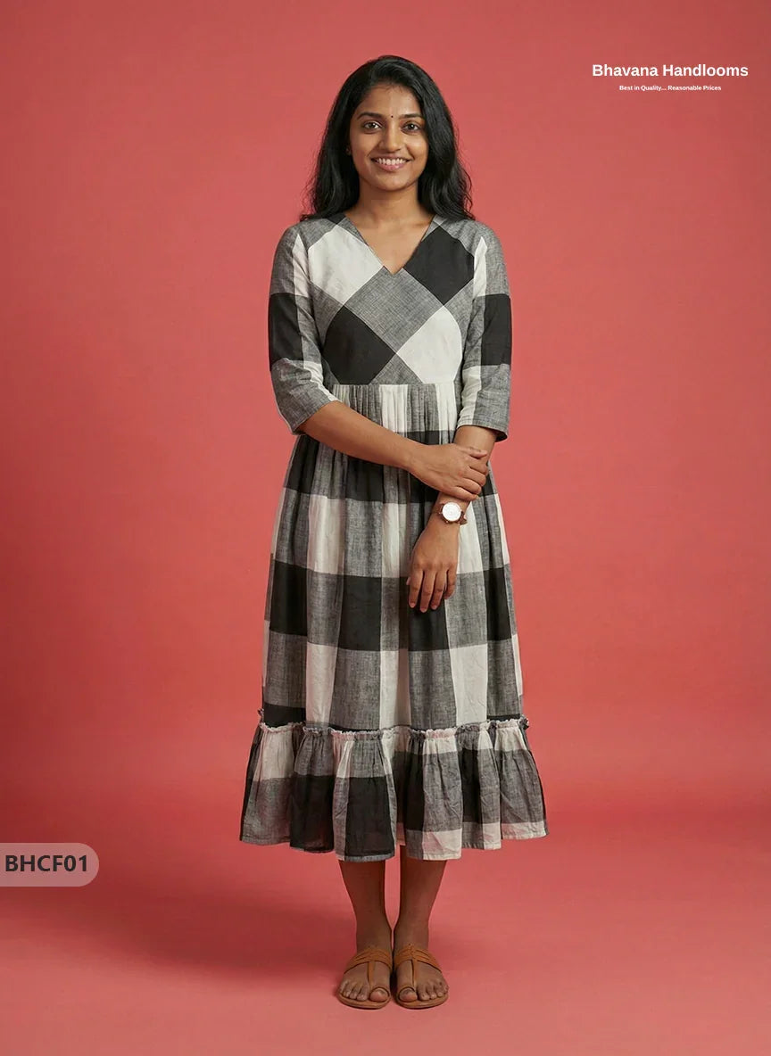 Premium Black & White Checkered Cotton Frock with Full Length Lining