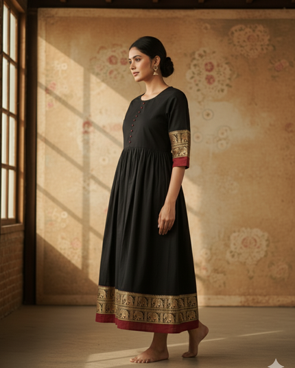 Woman in a black dress with gold and red details standing in a room with floral wallpaper.