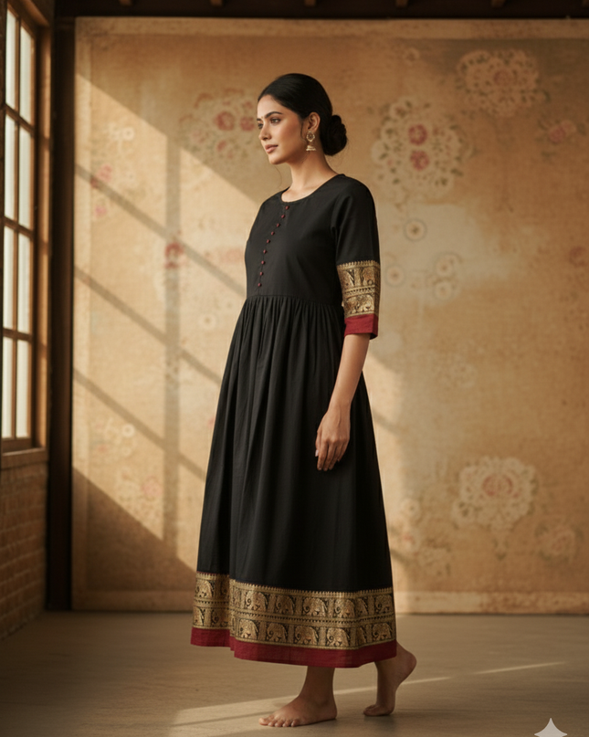 Woman in a black dress with gold and red details standing in a room with floral wallpaper.