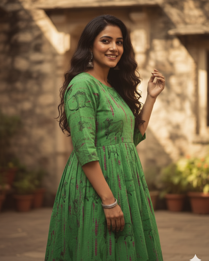Green Cow Design Cotton Frock for Women – Printed Casual Wear | Bhavana Handlooms