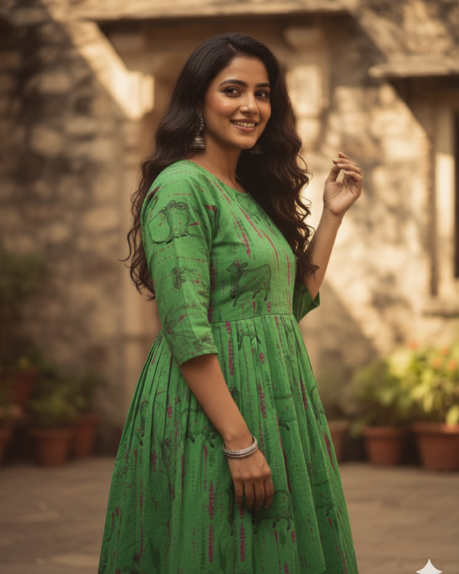 Green Cow Design Cotton Frock for Women – Printed Casual Wear | Bhavana Handlooms