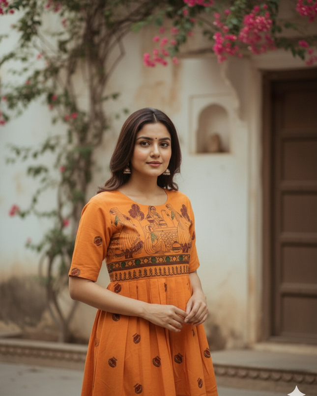 Gollabama Printed Cotton Frock for Women – Orange Ethnic Dress | Bhavana Handlooms