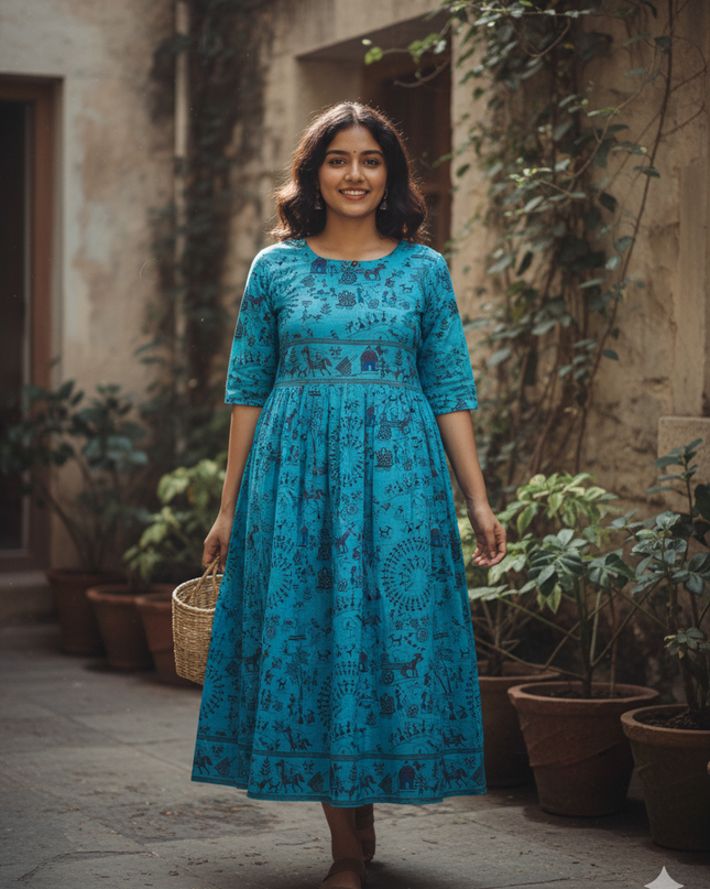 Sky Blue Floral Printed Cotton Frock for Women – Casual Wear | Bhavana Handlooms