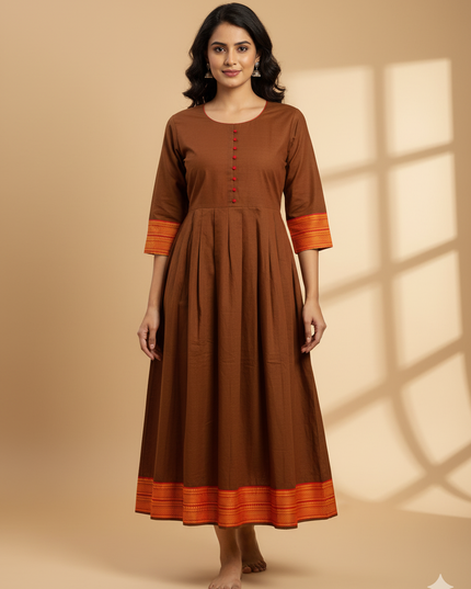 Mangalagiri Cotton Long Frock with Light Brown Colour