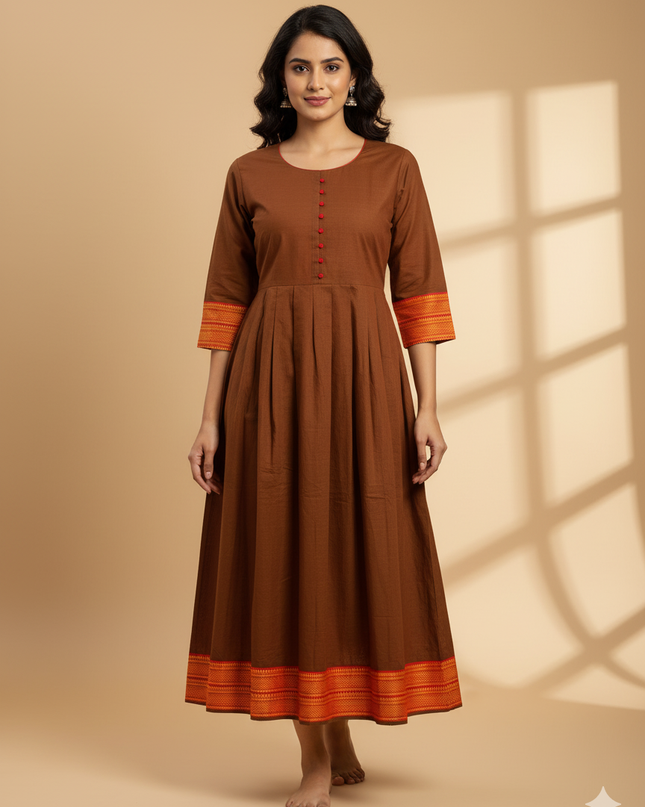 Mangalagiri Cotton Long Frock with Light Brown Colour