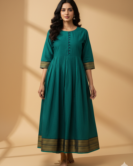 Mangalagiri Cotton Long Frock with Emrold Green Colour