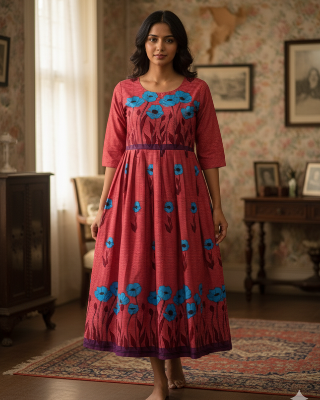 Floral Printed Cotton Frock for Women – Pink Dress | Bhavana Handlooms
