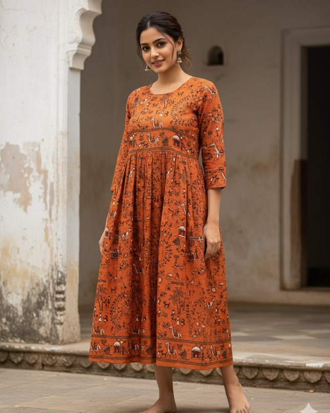 Orange Floral Printed Cotton Frock for Women – Casual Wear | Bhavana Handlooms
