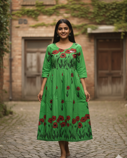 Green Floral Cotton Frock for Women – Printed Ethnic Dress | Bhavana Handlooms