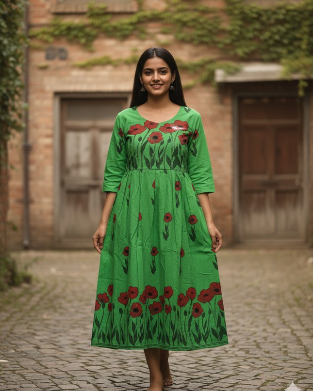 Green Floral Cotton Frock for Women – Printed Ethnic Dress | Bhavana Handlooms