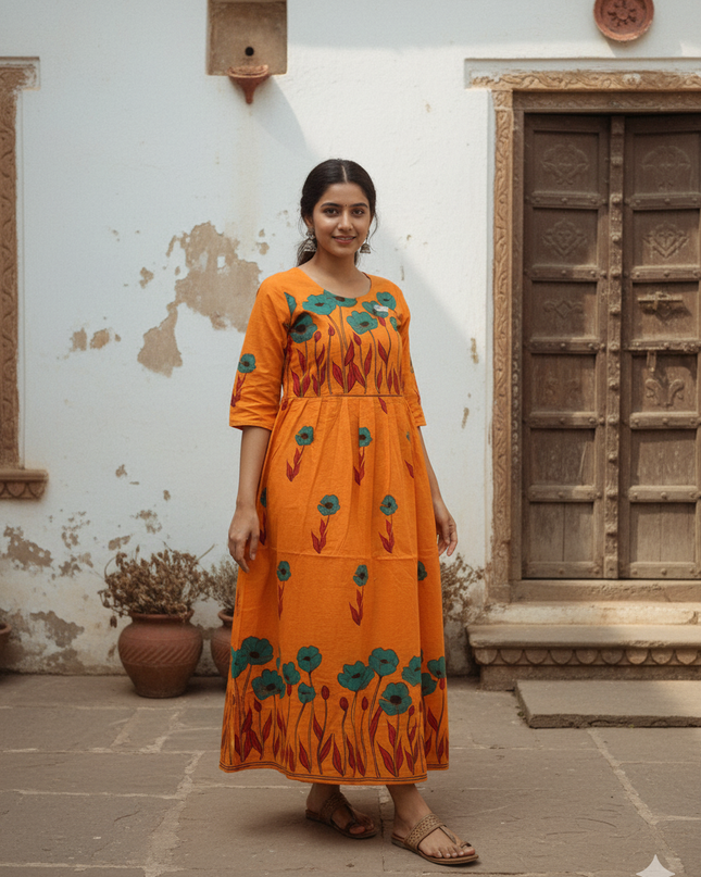 Orange Floral Printed Cotton Frock for Women – Casual Wear | Bhavana Handlooms