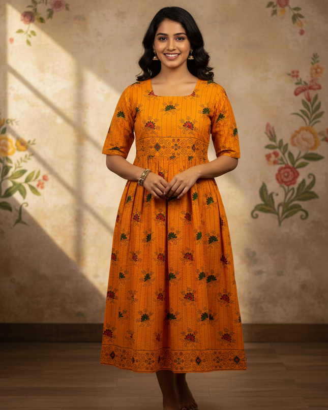 Orange Floral Printed Cotton Frock for Women – Casual Wear | Bhavana Handlooms