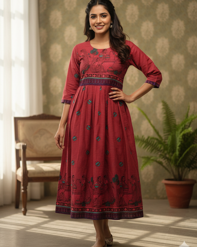 Gollabama Printed Cotton Frock for Women – Pink Dress | Bhavana Handlooms