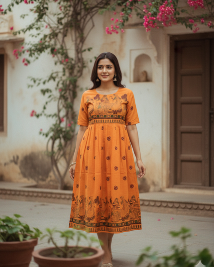 Gollabama Printed Cotton Frock for Women – Orange Ethnic Dress | Bhavana Handlooms