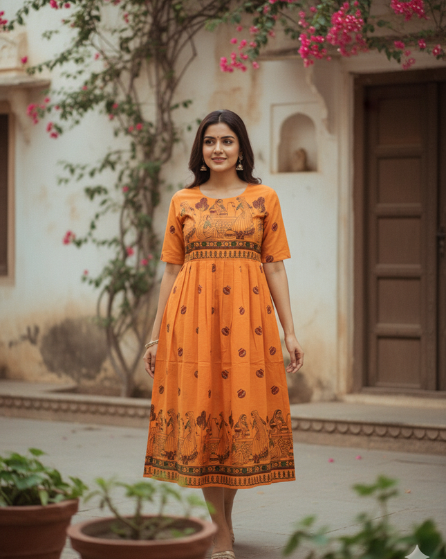 Gollabama Printed Cotton Frock for Women – Orange Ethnic Dress | Bhavana Handlooms