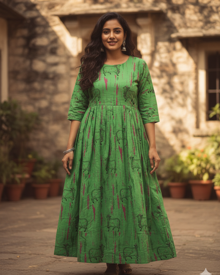 Green Cow Design Cotton Frock for Women – Printed Casual Wear | Bhavana Handlooms
