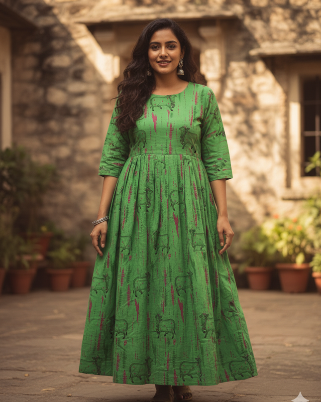 Green Cow Design Cotton Frock for Women – Printed Casual Wear | Bhavana Handlooms