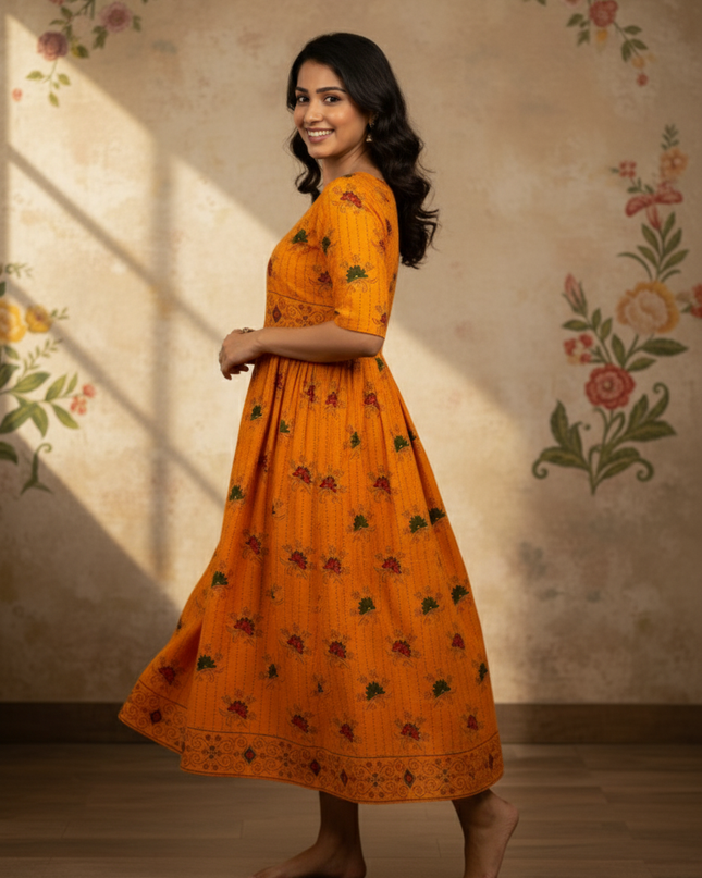 Orange Floral Printed Cotton Frock for Women – Casual Wear | Bhavana Handlooms