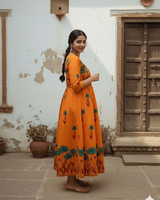 Orange Floral Printed Cotton Frock for Women – Casual Wear | Bhavana Handlooms