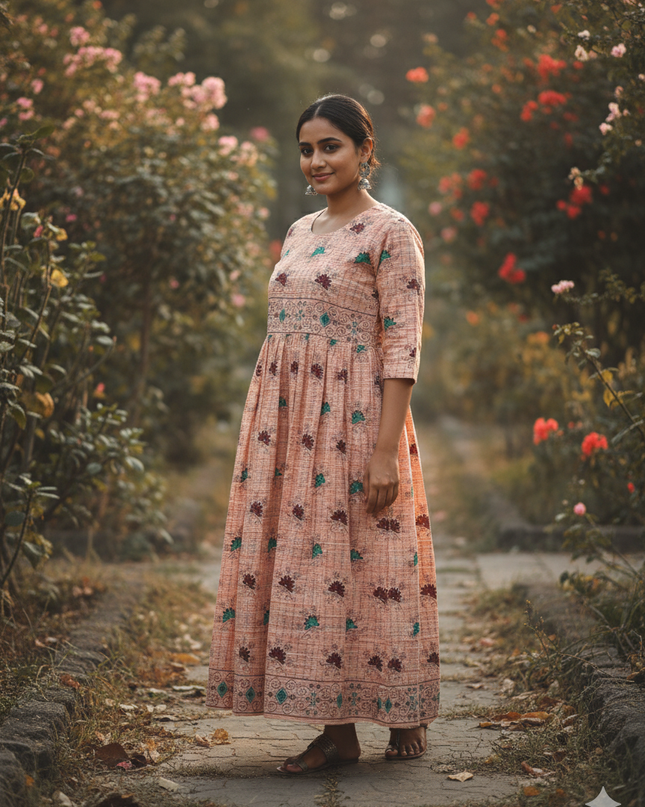 Peach Floral Printed Cotton Frock for Women – Casual Wear | Bhavana Handlooms