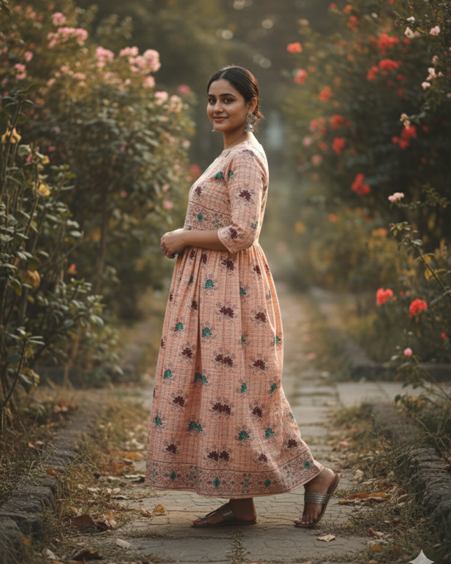 Peach Floral Printed Cotton Frock for Women – Casual Wear | Bhavana Handlooms