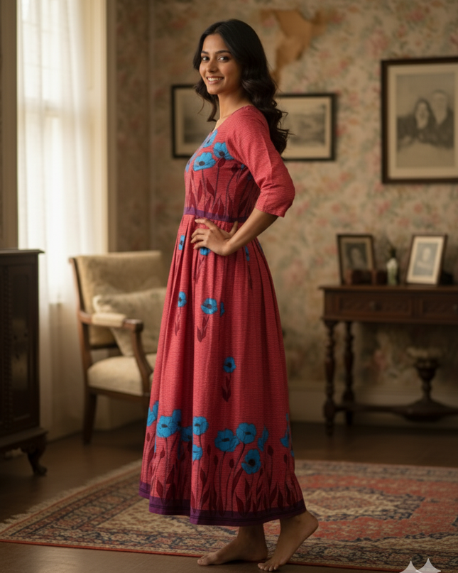 Floral Printed Cotton Frock for Women – Pink Dress | Bhavana Handlooms
