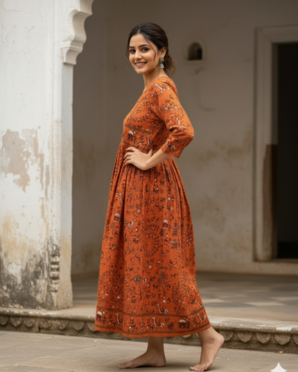 Orange Floral Printed Cotton Frock for Women – Casual Wear | Bhavana Handlooms