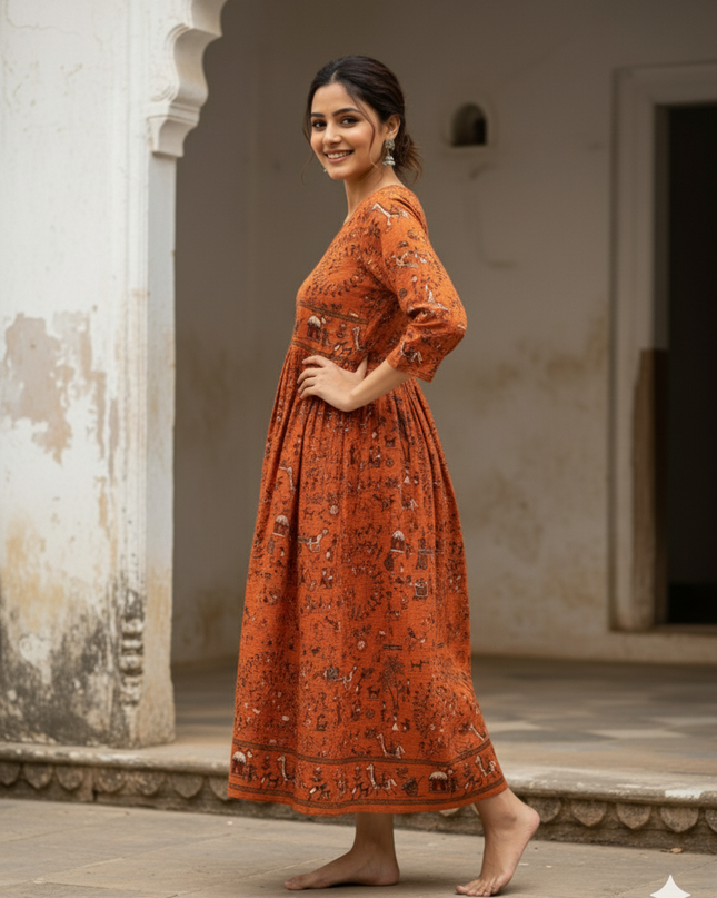 Orange Floral Printed Cotton Frock for Women – Casual Wear | Bhavana Handlooms