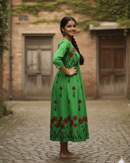 Green Floral Cotton Frock for Women – Printed Ethnic Dress | Bhavana Handlooms