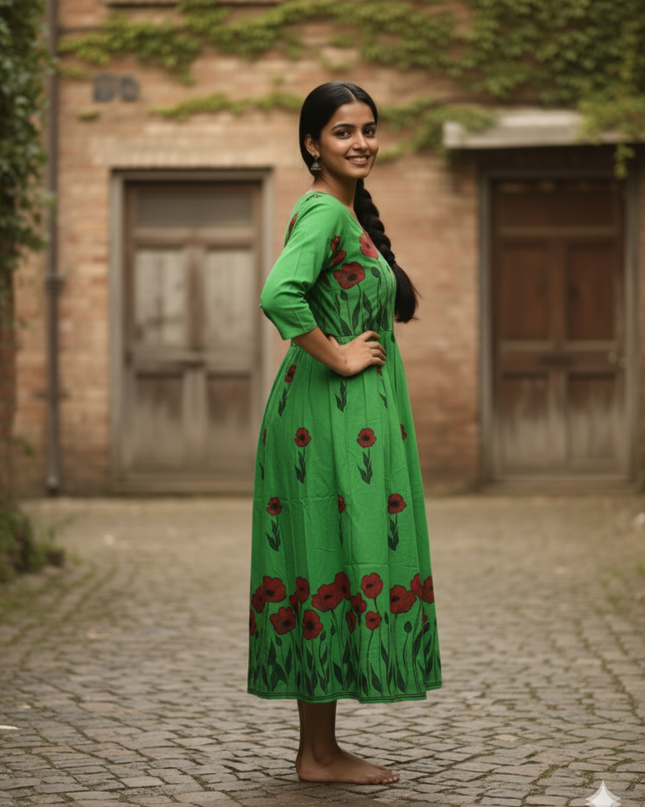 Green Floral Cotton Frock for Women – Printed Ethnic Dress | Bhavana Handlooms