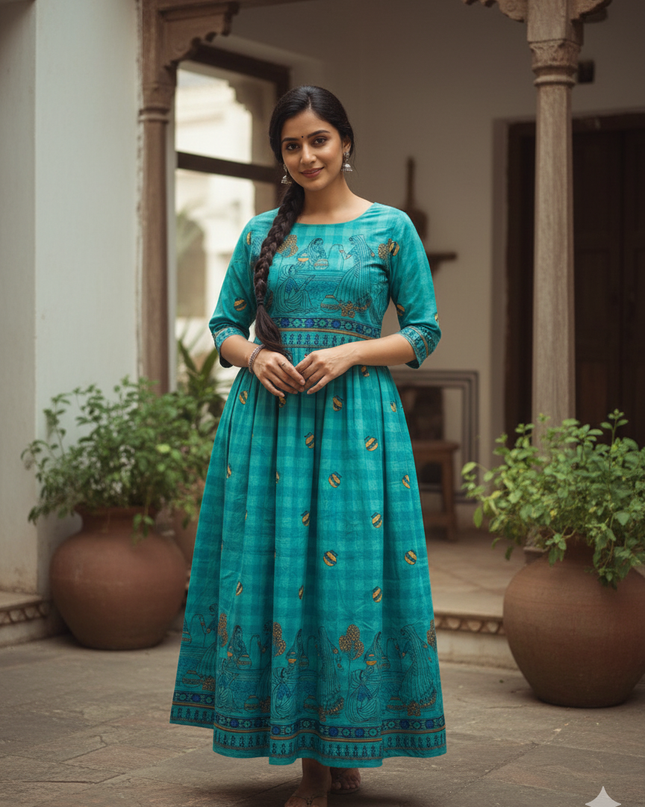 Gollabama Printed Cotton Frock for Women – Sea Blue Dress | Bhavana Handlooms
